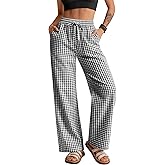 Neer Women's Striped Gingham Pants Cotton Plaid Pajama Lounge Boxer Pants Drawstring Pj Bottoms Wide Leg Trousers with Pocket