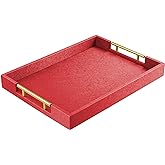 17" x 12" Wood Serving Tray with Gold Polished Metal Handles, Home Decorative Wooden Rectangle Ottoman Leather Decor Platter Bathroom Vanity Tray for All Occasions Red