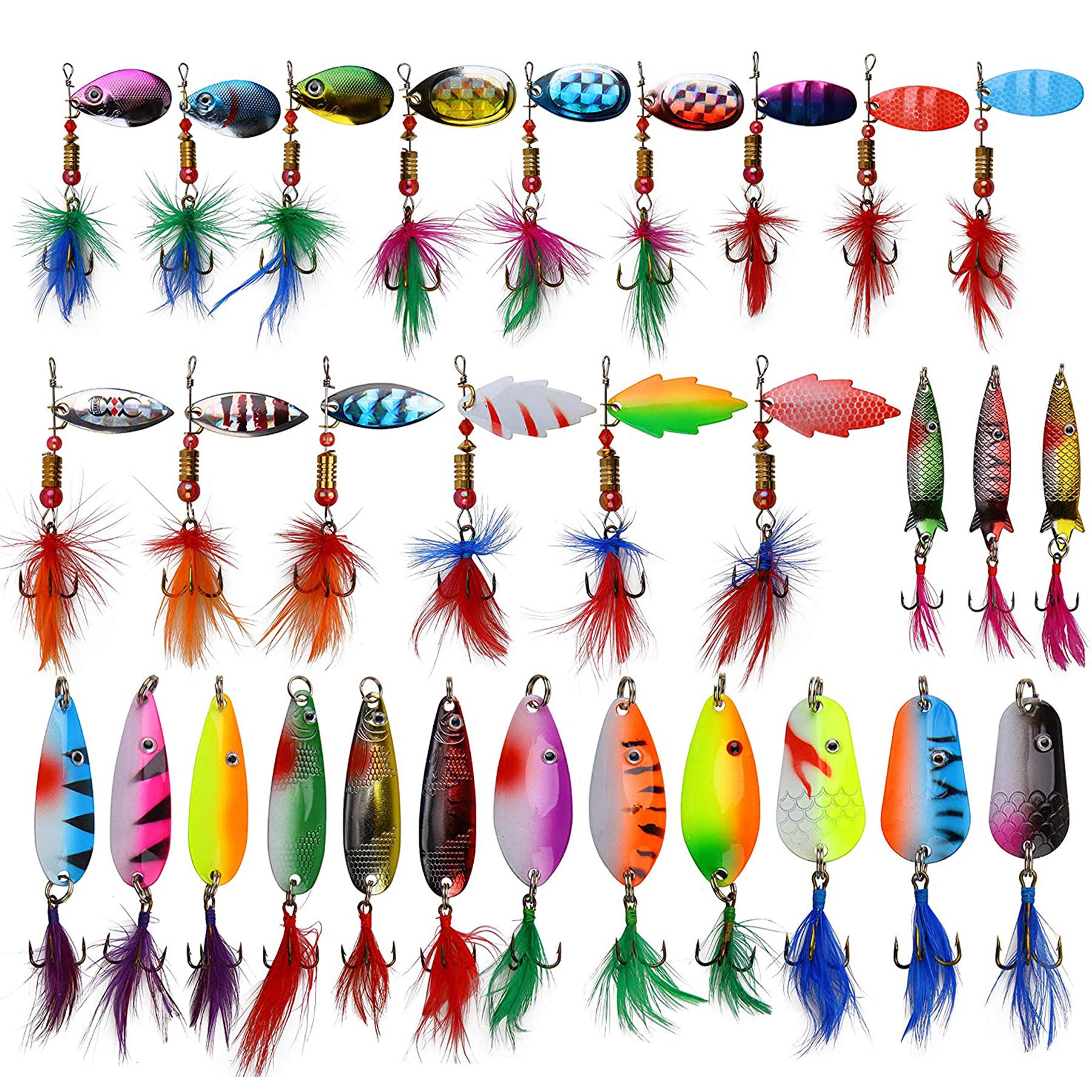 30pcs Assorted Colorful Feather Metal Casting Fishing SpinnerBaits with Treble Hooks Spoon Plugs Fishing Lures Spinner Baitsfor Bass Pike Trout Salmon Baits