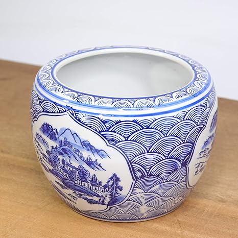 Amazon Co Jp Lieto 水鉢 火鉢 鉢カバー 染付山水図 プランターカバー 睡蓮鉢 メダカ鉢 金魚鉢 陶器 めだか鉢 鉢 陶器 和モダン 和風 観葉植物 ハイドロカルチャー ホーム キッチン