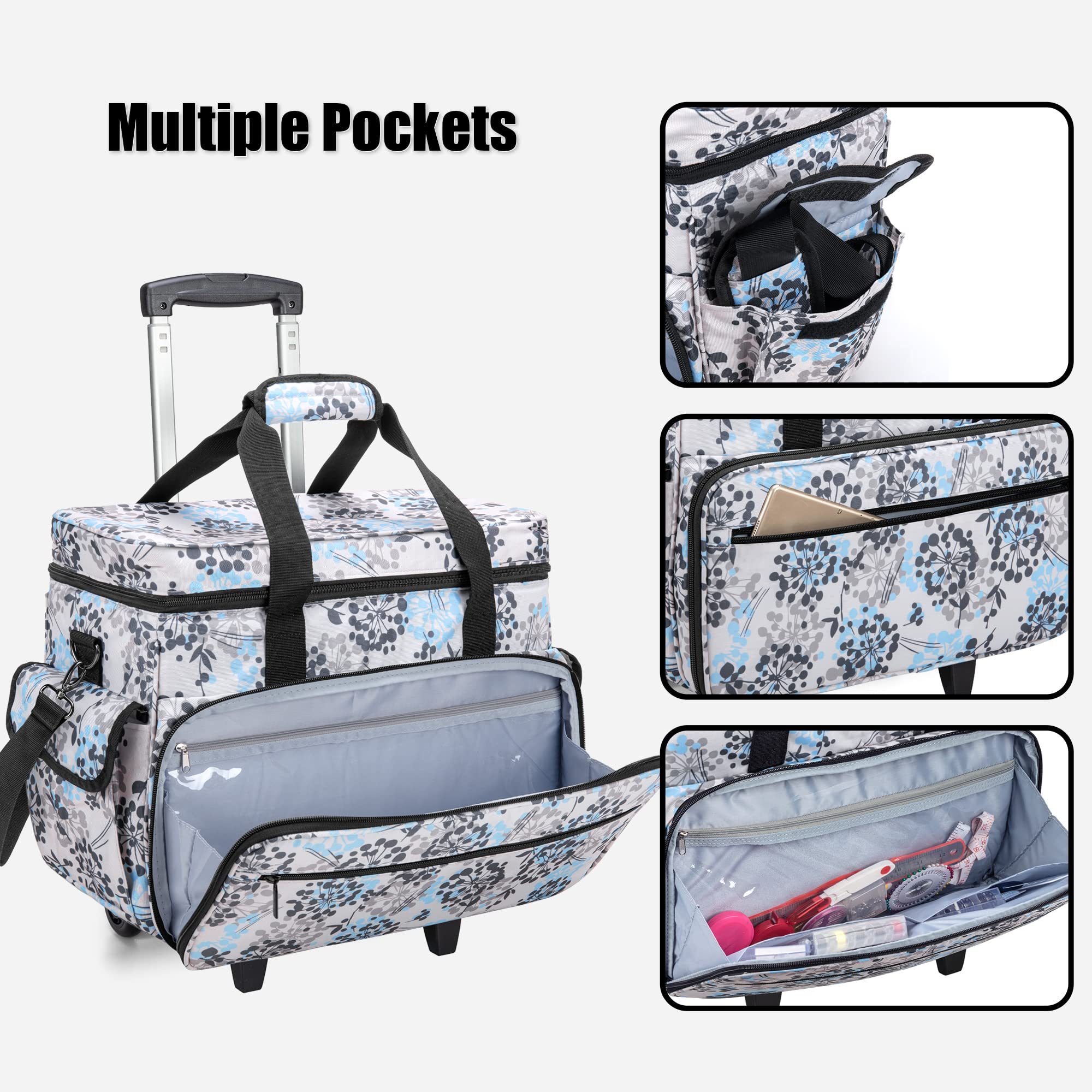 Teamoy Sewing Machine Case with Detachable Wheels, Rolling Sewing Machine Tote with Wheels and Bottom Wooden Pad, Compatible with Singer, Brother and Most Majority Machines and Accessories, Dandelion