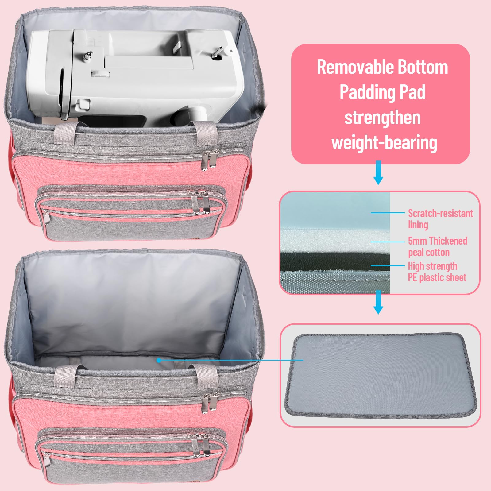 FINESUN Sewing Machine Carrying Case with Multiple Storage Pockets, Universal Tote Bag with Shoulder Strap Compatible with Most Standard Singer, Brother, Janome, Pink