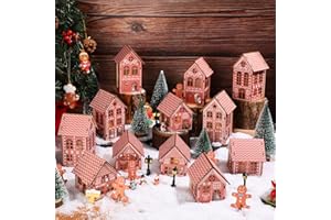 Sawysine 42 Pcs Christmas Village Kit 12 Pcs DIY Gingerbread House Wood Village Houses Xmas Scene Figurines Decoration Mini Tree Candle LED Light Ornament for Winter Holiday Party (Gingerbread House)