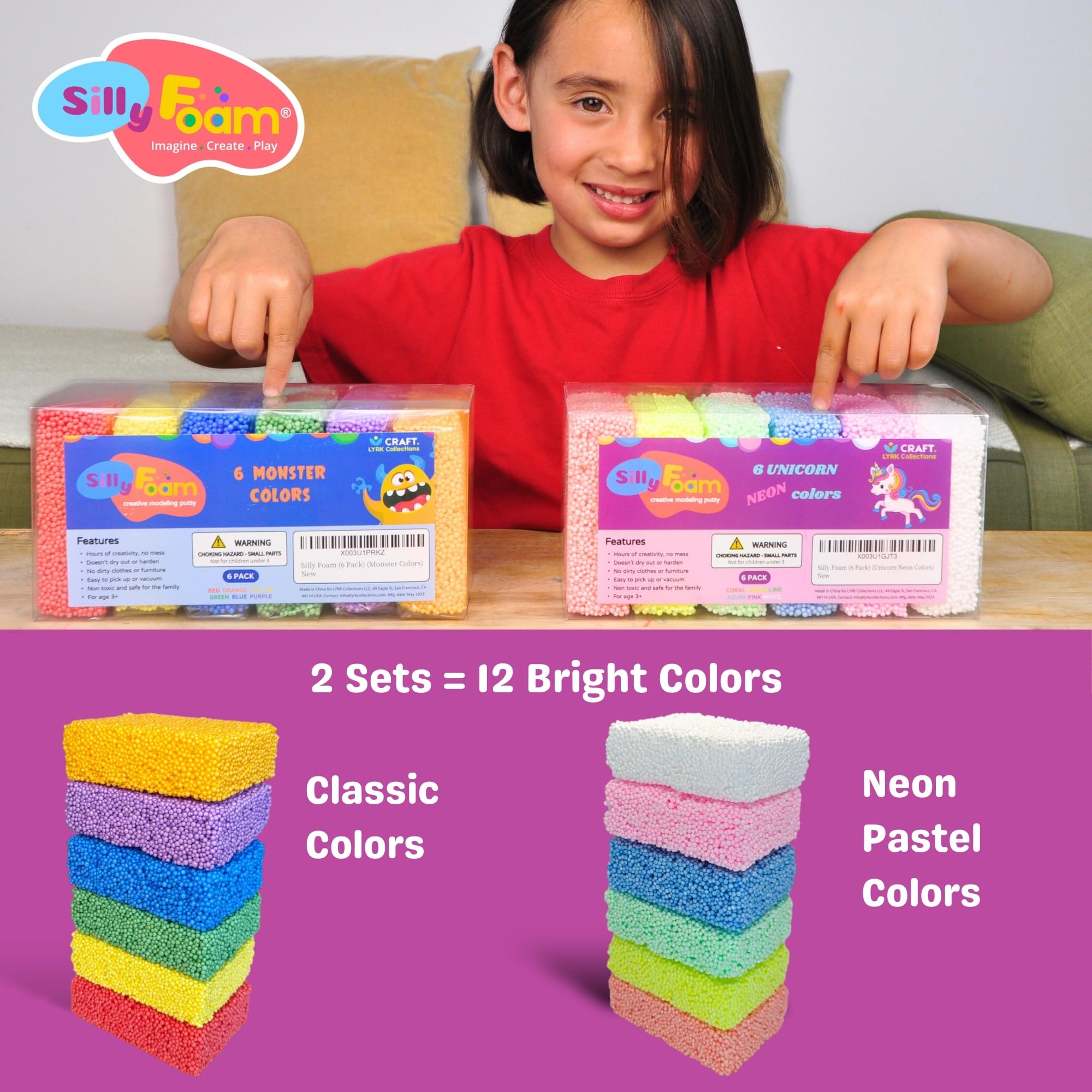 Silly Foam, Creative Modeling Foam Beads, 1-Pack of 6 Primary Color Blocks, No-Slime No-Mess, Perfect for Preschool and Kids, Arts & Crafts, Sensory Play, STEM, Travel Toy, Non-Toxic (Age 3+)