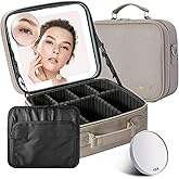 Mocado Travel Makeup Bag with LED Lighted Mirror,Travel Makeup Organizer,Makeup Case with 3 Color Lighted Setting and 10x Magnifying Mirror,Portable Storage and Adjustable Dividers Makeup Box(Grey)