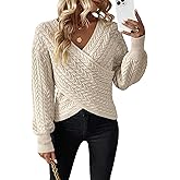 WDIRARA Women's Textured Crossover V Neck Sweater Long Sleeve Drop Shoulder Casual Pullover Tops