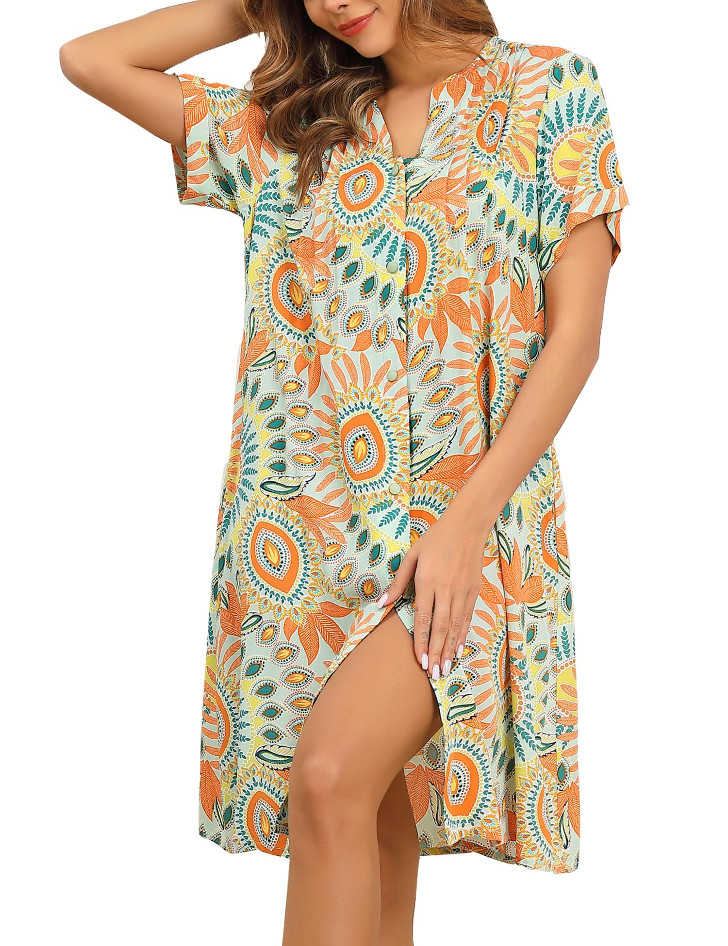 Photo 1 of YOZLY House Dress Women Cotton Duster Robe Short Sleeve Housecoat Button Down Nightgown Floral Orange XX-Large