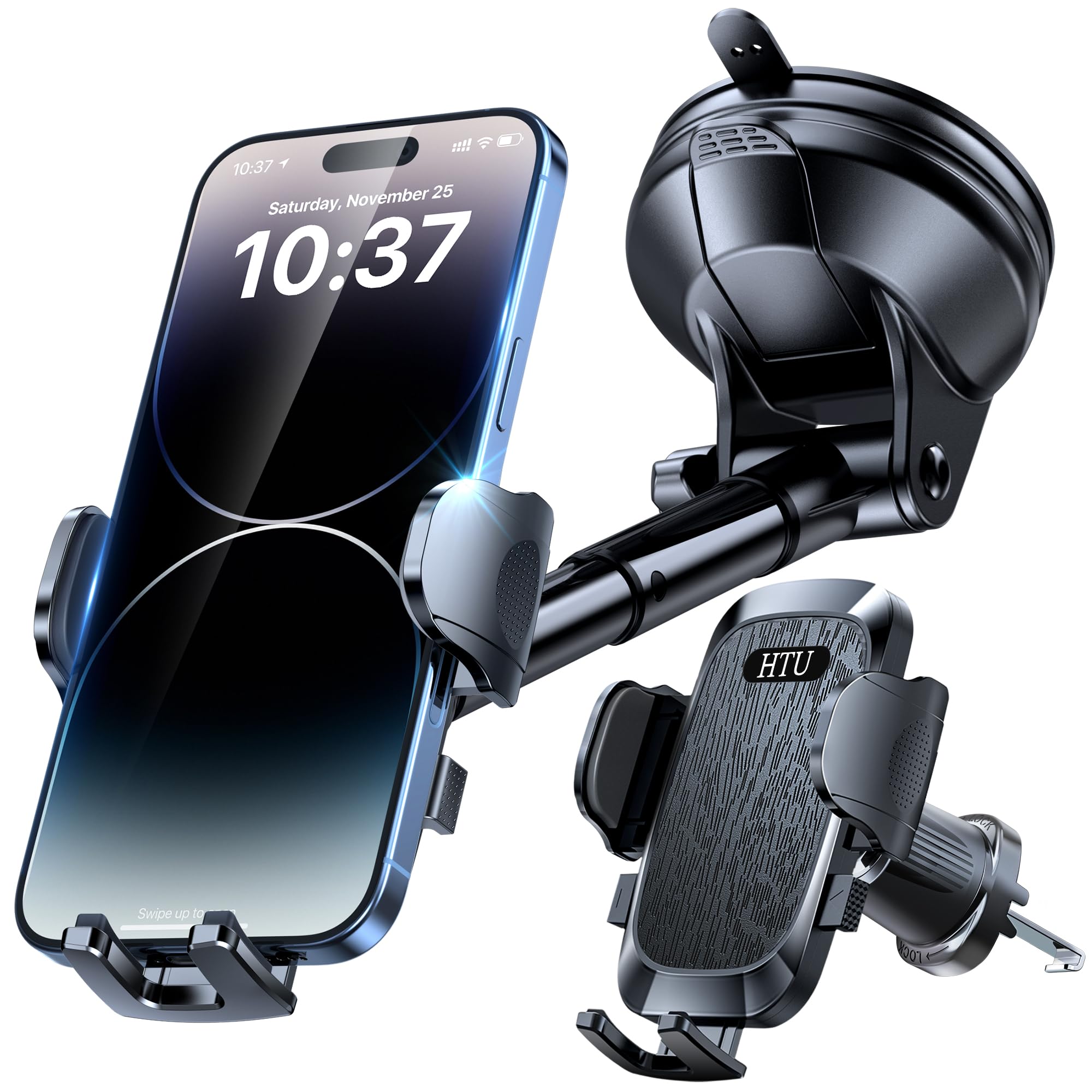 Photo 1 of HTU [2026 True Military-Grade] Car Phone Holder [Upgraded Strongest Suction & Clip] Cell Phone Mount for Dashboard Windshield Vent,Truck Cradle Stand for iPhone 16 Pro Max Samsung Android (Black)