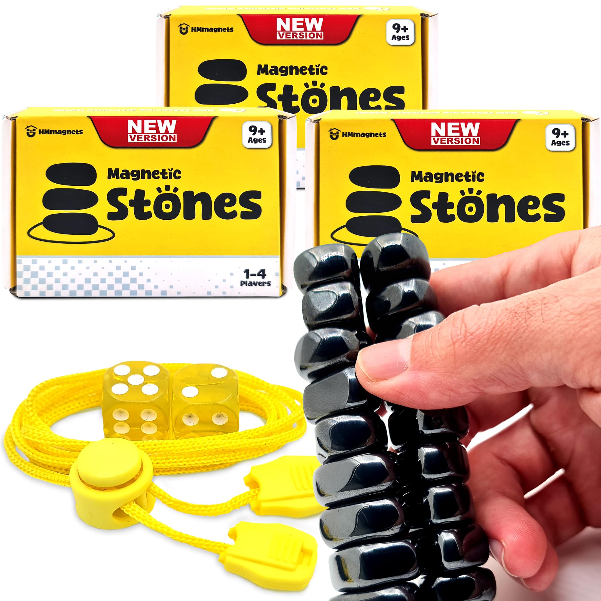 Upgraded (Multi-Level) Magnet Chess Game with String & Stones - Clear & Simple Instructions | Premium Set with 20 Larger & Stronger Stones, Adjustable Rope, 2 Dice & Travel Pouch | 3 Sets Image