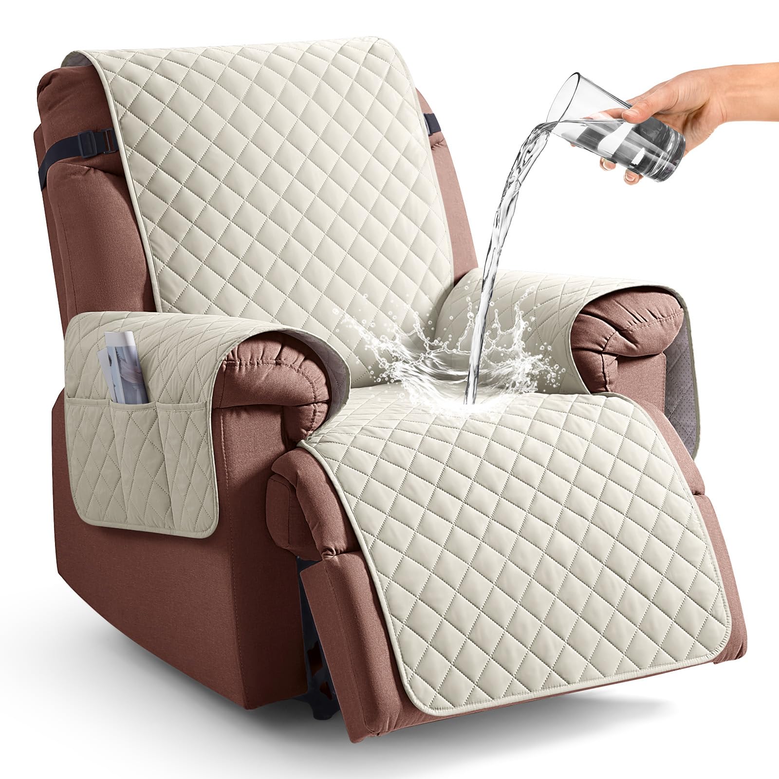 Photo 1 of KinCam 100% Waterproof Recliner Chair Cover, Reclining Couch Covers for Pets, Dogs, Recliner Couch Slipcover Furniture Protector with Elastic Straps for Kids(23.6", Ivory)