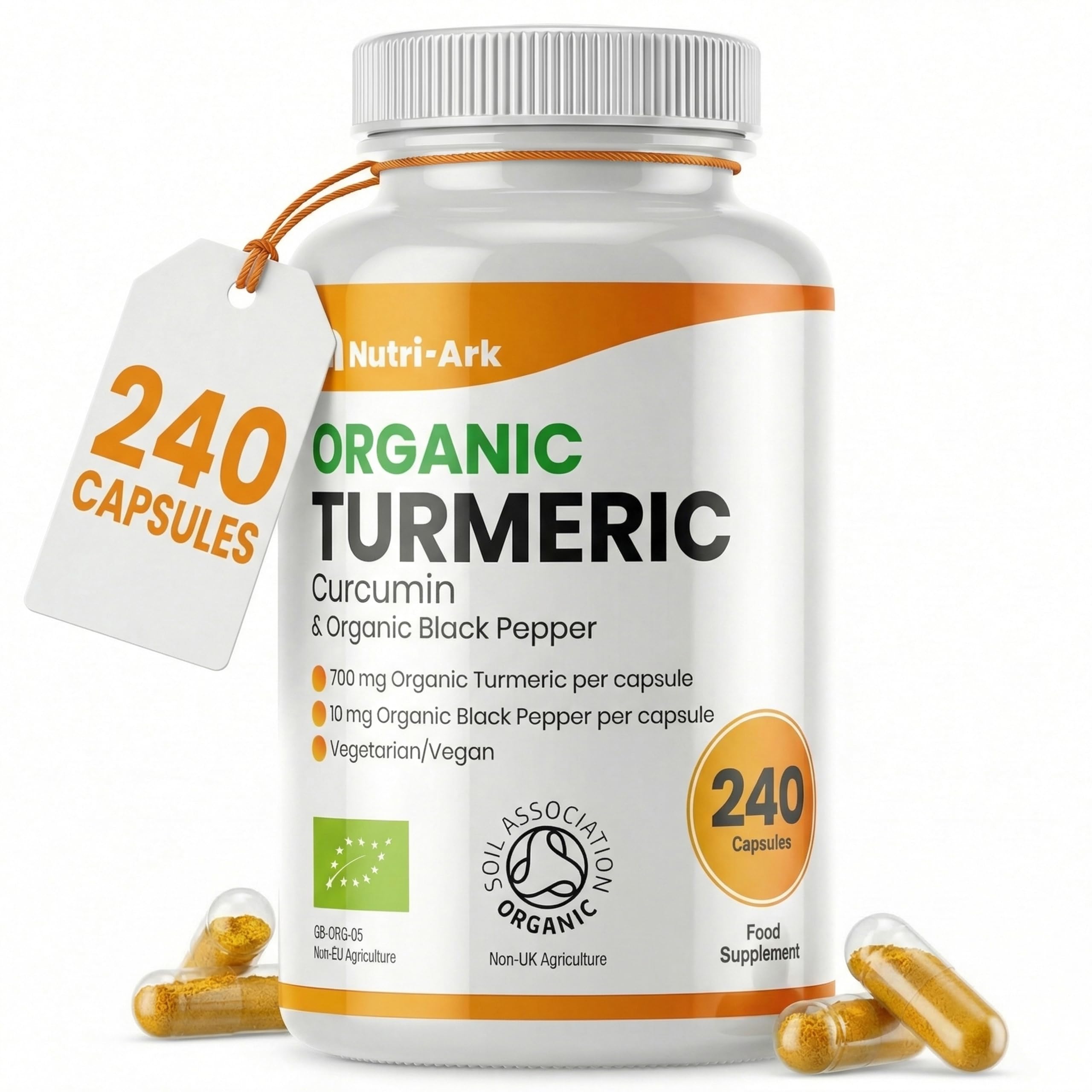 Organic Turmeric and Black Pepper Capsules 700 mg - High Strength Tumeric Supplement - 240 Vegan Turmeric Capsules (8-Month Supply) - Tumeric Curcumin with Organic - Manufactured in the UK
