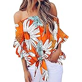 USUASID Women's Striped Off The Shoulder Tops 3/4 Bell Sleeve Tie Knot Casual Blouse Shirts