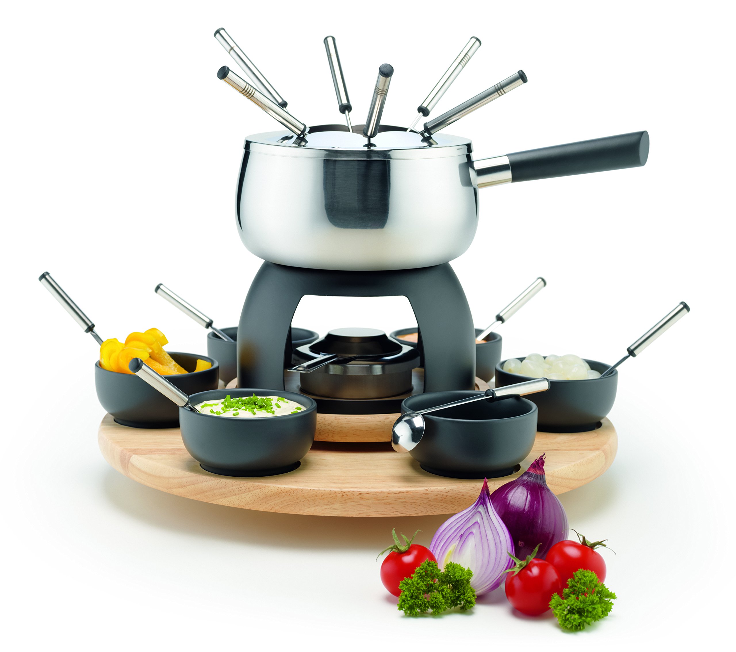 MÄSER 931229 Set 23 Piece Pot with Splash Guard, Rechaud, Rotating Carousel Made of Wood, Fondue Forks and Bowls, Stainless Steel/Grey/Black