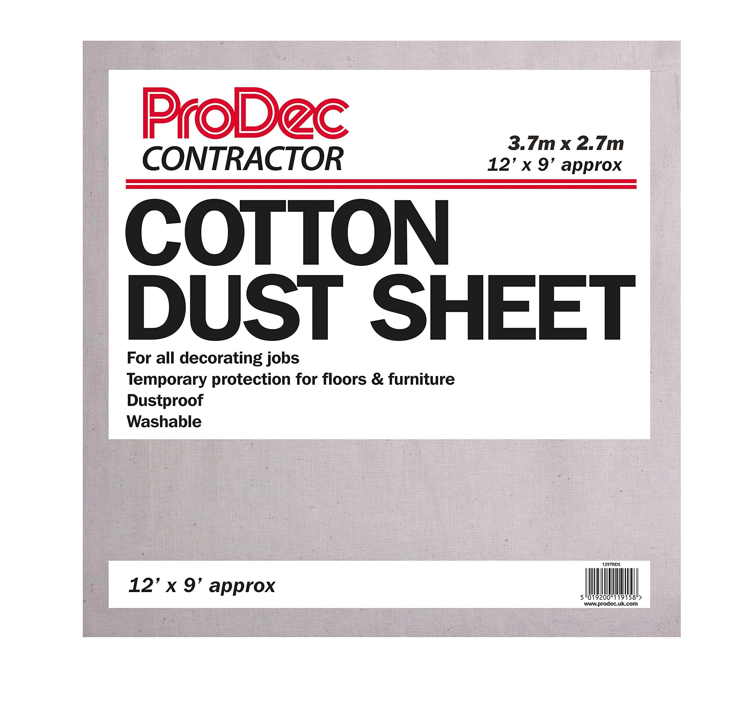 ProDec Contractor 12ft x 9ft Cotton Dust Sheet for Decorating, Carpet Protector, Washable Drop Cloth, Paint Shield, Painting Sheets, Heavy Duty Dust Sheets for Furniture, Paint Cloth