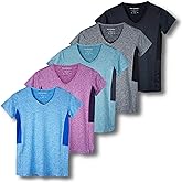 Real Essentials 5 Pack: Women's Dry Fit Short Sleeve V Neck Workout Top - Fitness Gym Athletic Yoga T-Shirt (Plus Available)