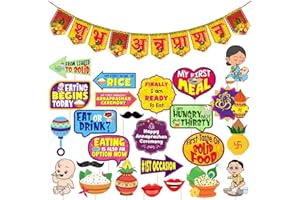 Annaprasanam Photo Booth Props & Paper Banner Set | Shubh Annaprashan Hindi Font Decoration | My First Rice Ceremony Props | 
