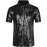 Lars Amadeus Sequin Polo for Men's Sparkle Short Sleeves Club Party Shiny Golf Shirts