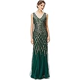 BABEYOND Women's Flapper Dress 1920s V-Neck Evening Gown Sequin Beaded Maxi Dress for Wedding Green Gold