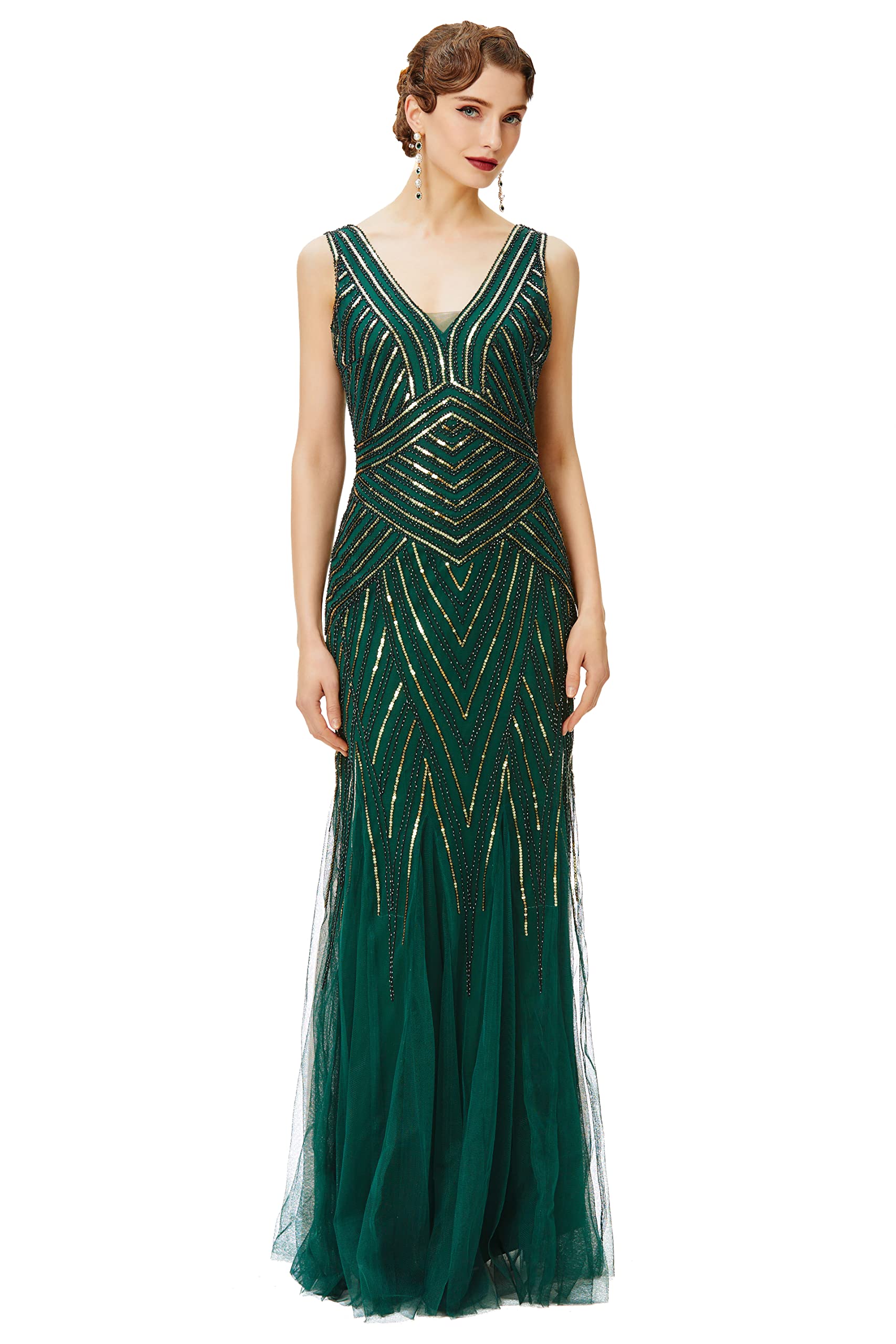 Photo 1 of (small size)EYOND Women's Flapper Dress 1920s V-Neck Evening Gown Sequin Beaded Maxi Dress for Wedding Green Gold