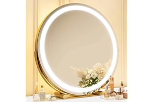 ROLOVE Gold Vanity Mirror, 18 Inch Lighted Makeup Mirror with Smart Touch 3 Colors Dimmable, Tabletop, 360 Rotation