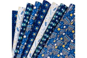 WRAPAHOLIC Hanukkah Wrapping Paper Sheet - Menorahs, the Star of David, Candles Chanukah Design - 1 Roll Contains 8 Sheets - 