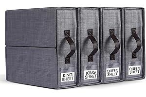 DETEIN 4PACK Bed Sheet Organizer for Queen&King Size, Sheet Organize and Storage for Linen Closet, Foldable Bed Sheet Set Organizer Box for Bed Sheet,Duvet Cover,Pillowcase,Blanket,Clothes (Gray)