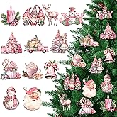 36Pcs Pink Christmas Tree Hanging Ornaments, Wooden Christmas Ornaments for Tree Vintage Rustic Xmas 3D Wooden Hanging Pendants Tags for Winter Holiday Christmas Tree Home Party Decorations