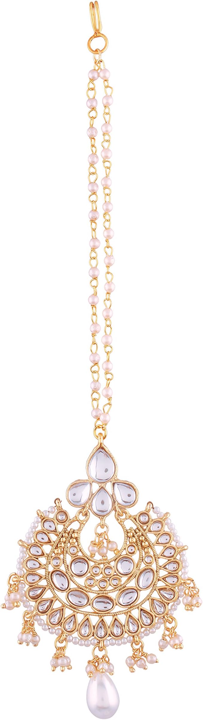 I Jewels Gold Plated Indian Wedding Bollywood Kundan with Pearls Style Bridal Wedding Maang Tikka Jewelry for Women (T1085-2042)