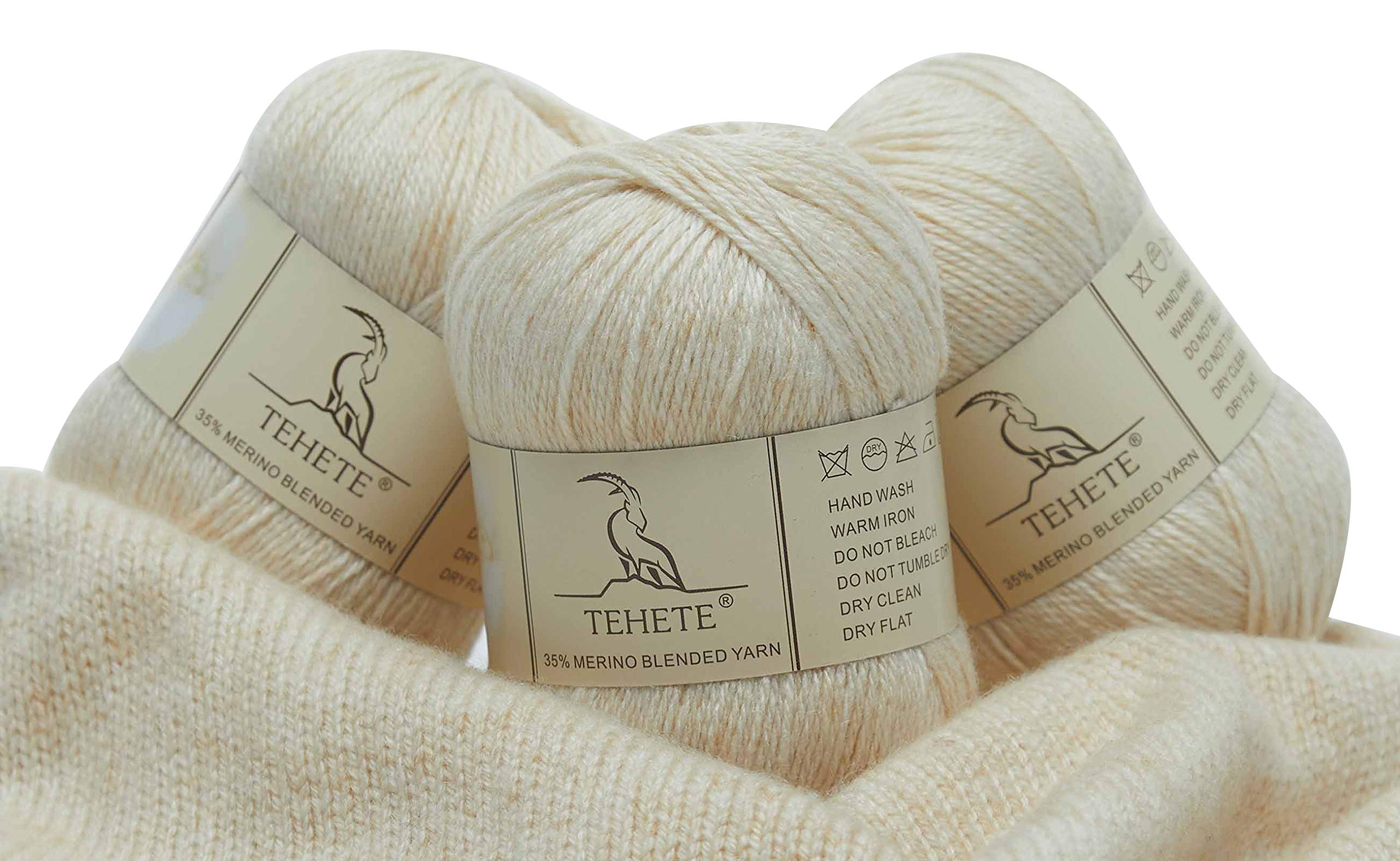 TEHETE Merino Wool Yarn for Knitting and Crochet Yarn 3ply 50g × 3 Balls Soft and Warm - Beige