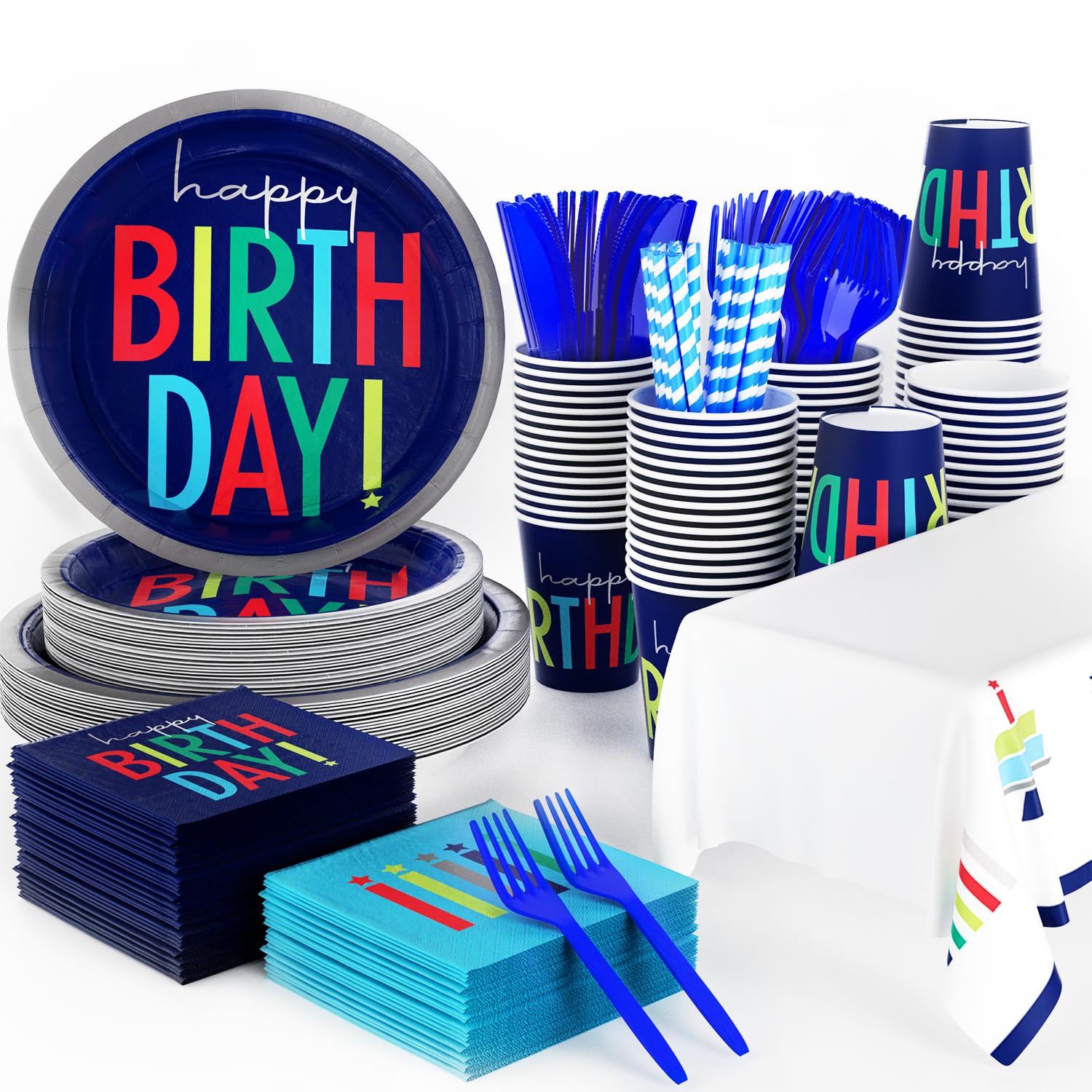 Photo 1 of 141Pcs Dark Blue Birthday Party Decorations for 20 Guests - Dark Blue Supplies Plates and Napkins Forks Cups Straws Tablecloth for Baby Shower Birthday Party Decorations