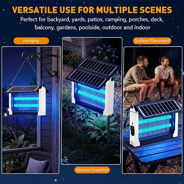 SOLAR BUG ZAPPER OUTDOOR, 4500V SOLAR MOSQUITO ZAPPER WITH DUAL SOLAR PANELS, 1/2 ACRE COVERAGE CORDLESS RECHARGEABLE ELECTRIC FLY ZAPPER, IPX5 WATERPROOF MOSQUITO TRAPS FOR BACKYARD, PATIO, CAMPING