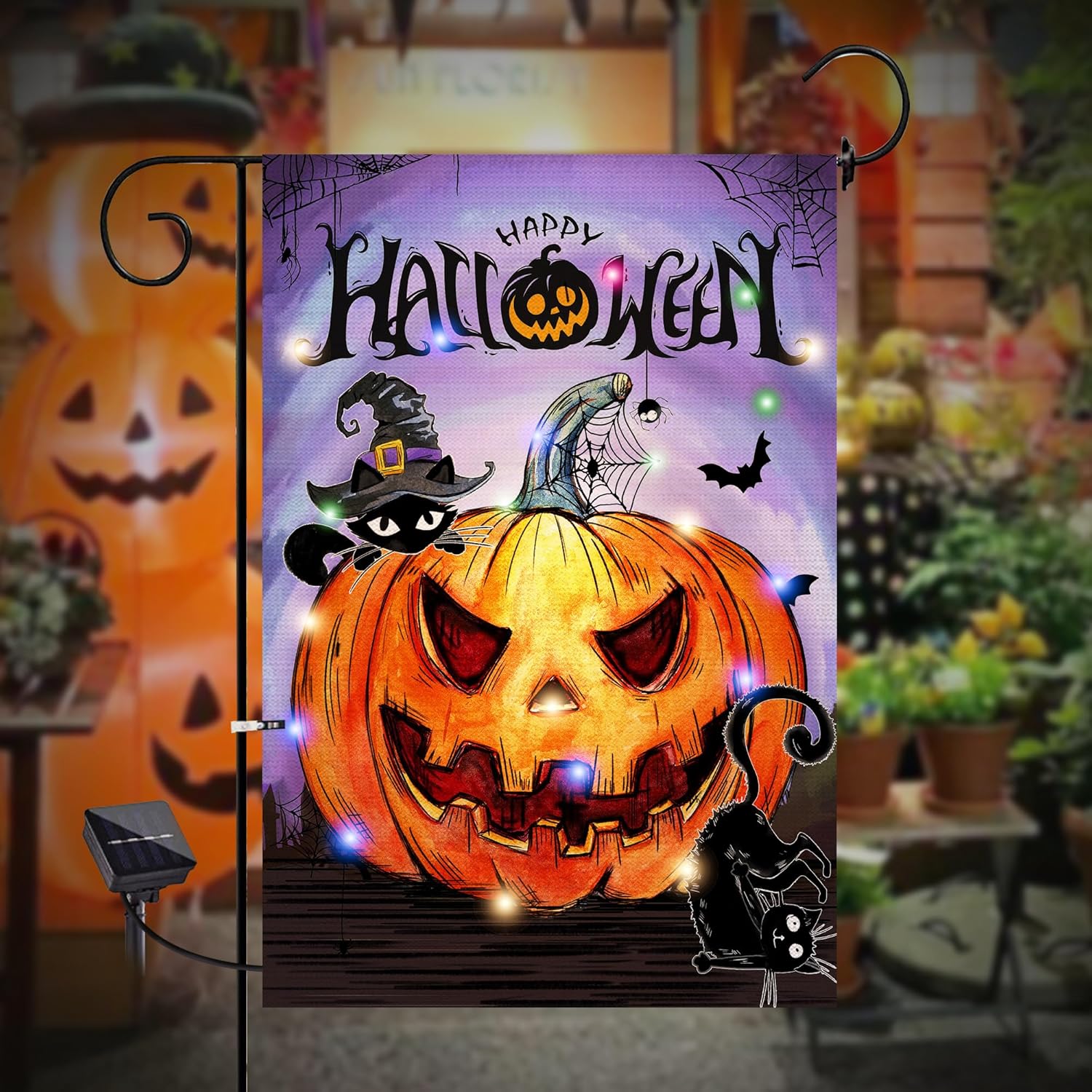 Flags - Lighted Pumpkin Halloween Garden Flag, LED Halloween Flag 12 X 18 Double Sided, Pumpkin Halloween Sign Banner, Black Cat Bat Halloween Outdoor Decorations, Halloween Yard Decorations