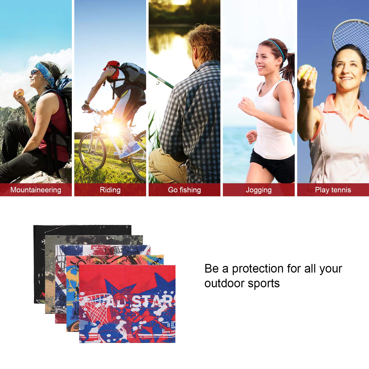 iOutdoor Products 5pcs cappelleria multifunzionale sudore-assorbente sciarpa fascia senza cuciture traspirante elastico in esecuzione protezione UV Bandana per uomo e donna