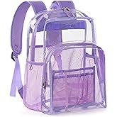 Flowston Clear Backpack Heavy Duty, 17 Inch Large TPU Clear Bookbag for Boys Girls Adult, See Through Book Bag Transparent Backpacks with Multiple Pockets for School College Work Casual, Light Purple