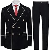 MOGU Men's 2 Piece Velvet Suit Double Breasted Tuxedo Slim Fit Set Gold Buttons Suits Party Casual Formal