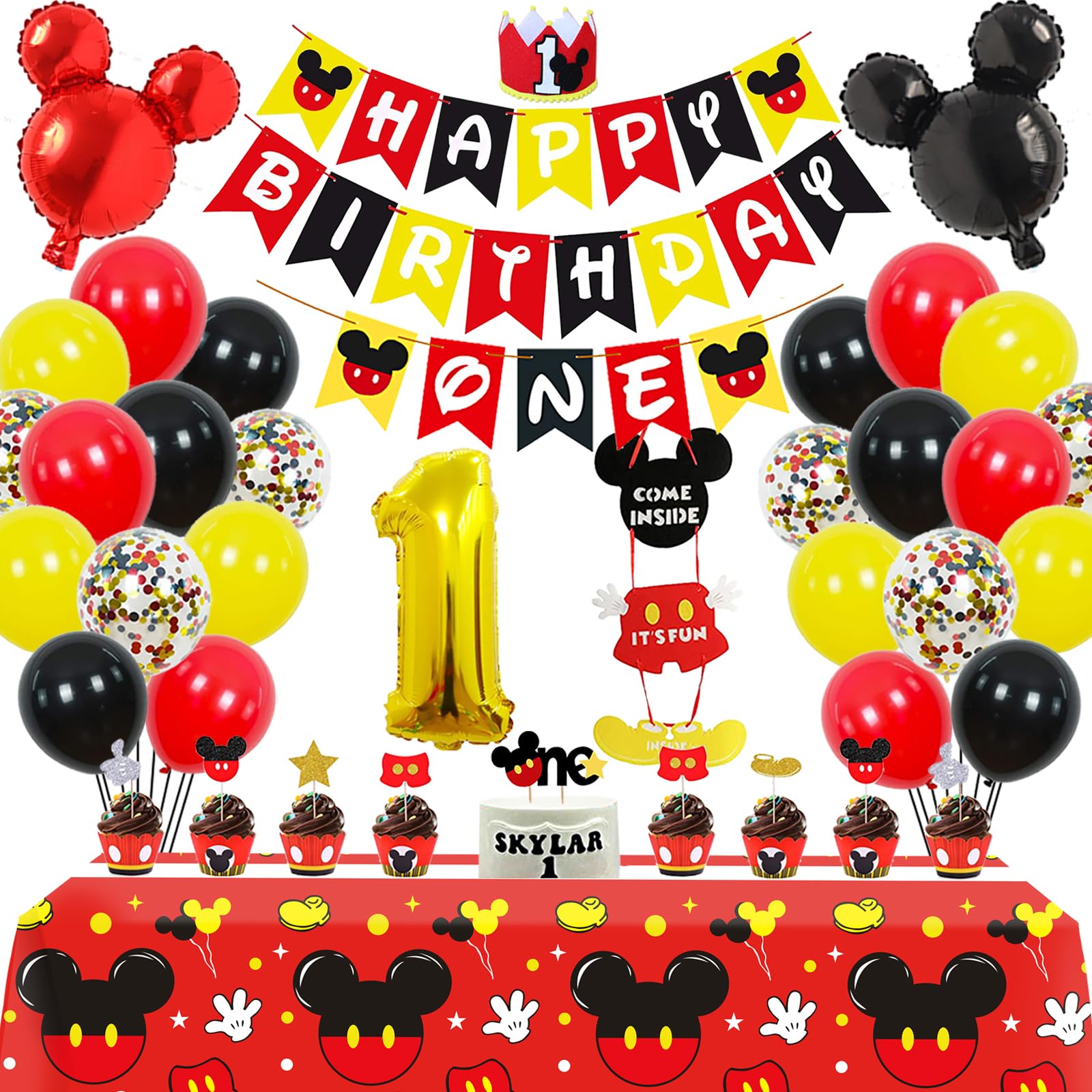 Photo 1 of 1st Mouse Birthday Party Supplies Decorations 58Pcs Happy Birthday ONE Banner Tablecloth 1 Foil Balloon Hat Door Sign Cupcake Topper Video Game Party Decorations for Boys Girls Kids Babies