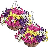 KHOYIME Artificial Hanging Flowers Plants Basket for Outdoors Indoor, 2 Set Faux Silk White Yellow Purple Fuchsia Morning Glory Fake Eucalyptus Planters UV Resistant Spring Summer Home Garden Decor