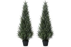 Laiwot 4FT Artificial Cedar Topiary Trees for Outdoors Potted Fake Cypress Trees Faux Evergreen Plants for Home Porch Decor Set of 2