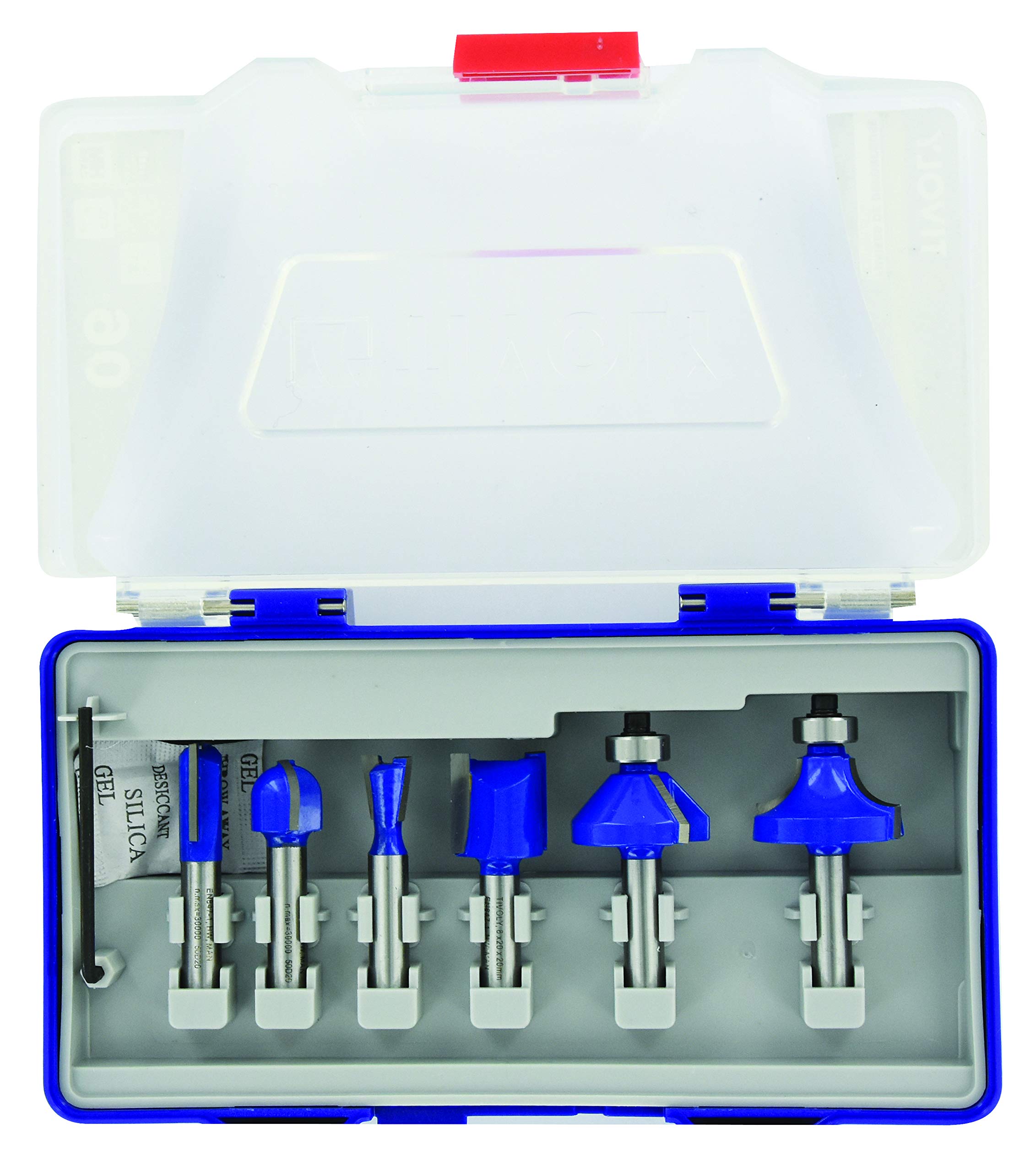 Tivoly - Set of 6 Router bits 8 mm Shank - Carbide Blade sharpened Diamond Very Resistant, Ultra Sharp - high Precision - 8 mm Shank - Compliant with EN847-1 Standard