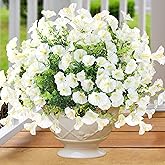 Artificial Flowers for Outdoors 12 Bundles Realistic Faux Plants UV Resistant Fake Silk Morning Glory with Eucalyptus for Front Door Planter Patio Porch Outside Spring Summer Decoration (White)