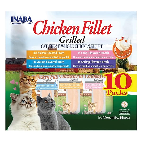 INABA NATURAL, PREMIUM HAND-CUT GRILLED CHICKEN FILLET CAT TREATS/TOPPER/COMPLEMENT WITH VITAMIN E AND GREEN TEA EXTRACT, 0.9 OUNCES EACH, 10 PACK, VARIETY PACK