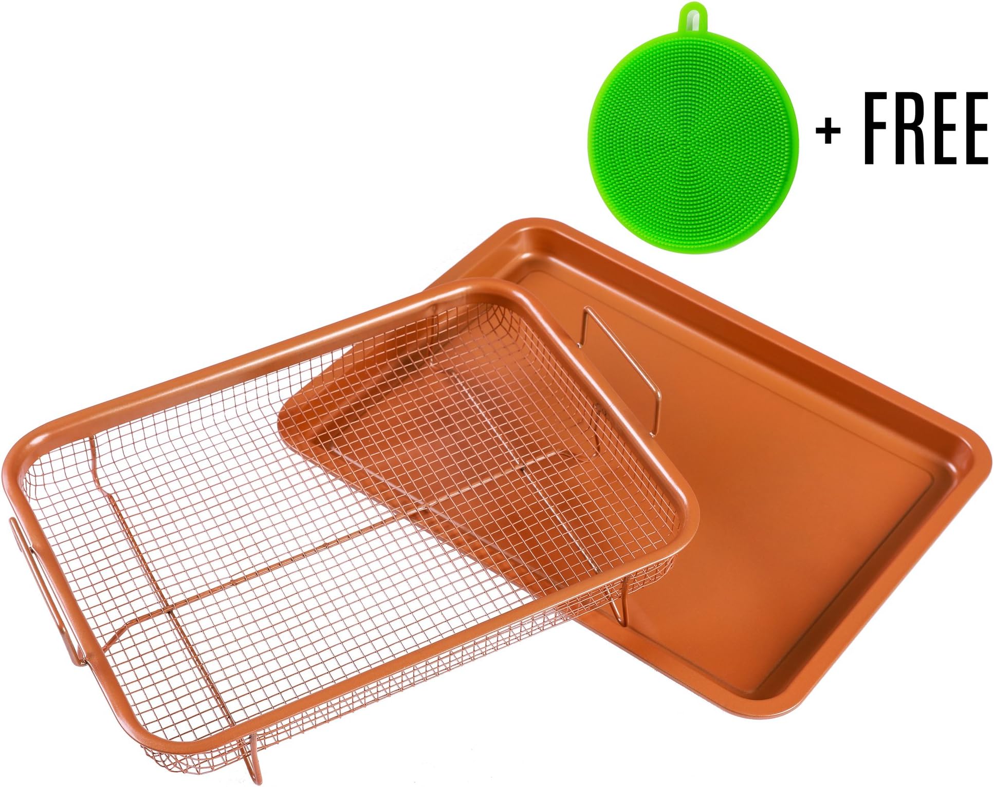 Copper Crisping Tray/Air Fryer Basket by BASICNDAILY - Chef 360° Cooking and Baking Sheet, Non-Stick Mesh Grill, Oven-Safe Square Pan + Free Silicone Dish Sponge Scrubber