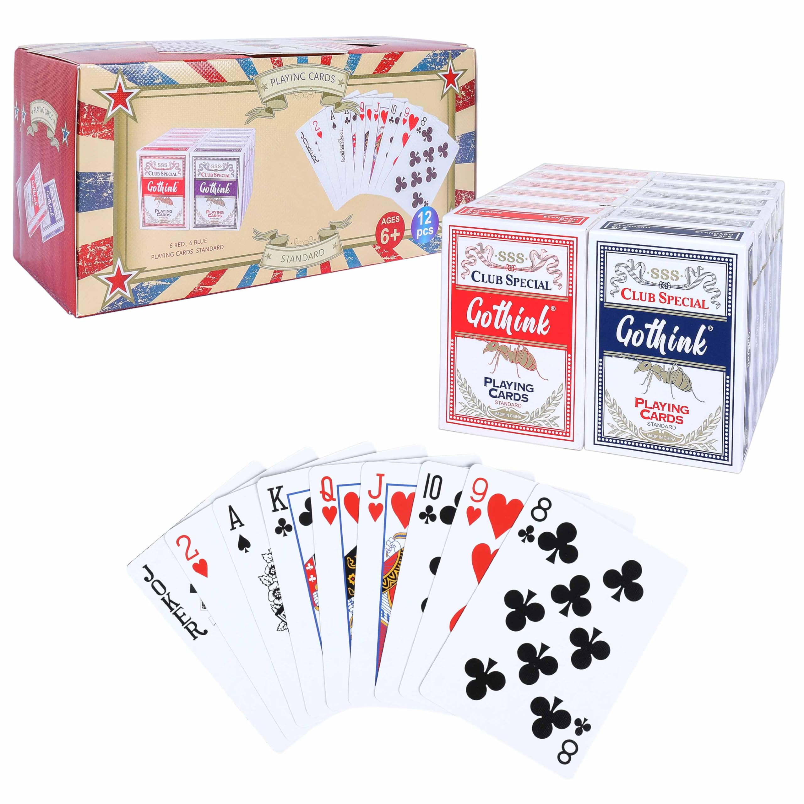 Photo 1 of GOTHINK 12 Pack Standard Playing Cards with Plastic Coating,Poker Size Deck of Cards Index in 6 Red and 6 Blue,Paper Stock with Blue Core Construction,Casino Grade,Family Game Poker Toy Gifts