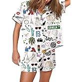 Womens Button Down Pajama Sets Soft Button Down Loungewear 2 Piece Outfits Funny Satin Pjs Shorts Set XXS-XXXL
