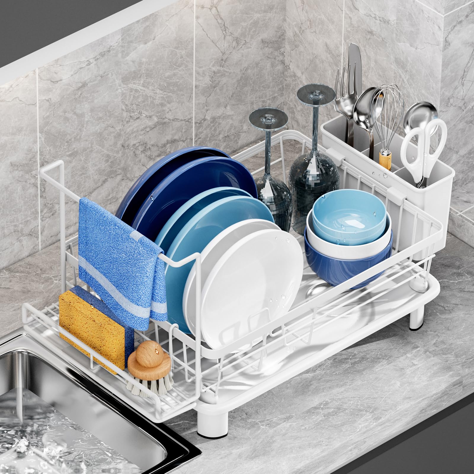 Photo 1 of GAOKASE Compact Dish Drying Rack, Dish Drainers for Kitchen Counter with Sponge Rack, Kitchen Drying Rack with Drainboard, Utensil Holder and Automatic Drainage Drainboard, White