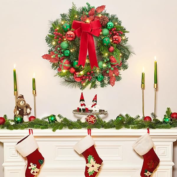 FAIRYLEE CHRISTMAS WREATH FOR FRONT DOOR, 22 INCH LARGE OUTDOOR CHRISTMAS WREATH, LIGHTED XMAS WREATH WITH RED GREEN BALL ORNAMENTS VELVET BOW AND 30 LED LIGHTS FOR FIREPLACE WINDOW HOLIDAY DECOR