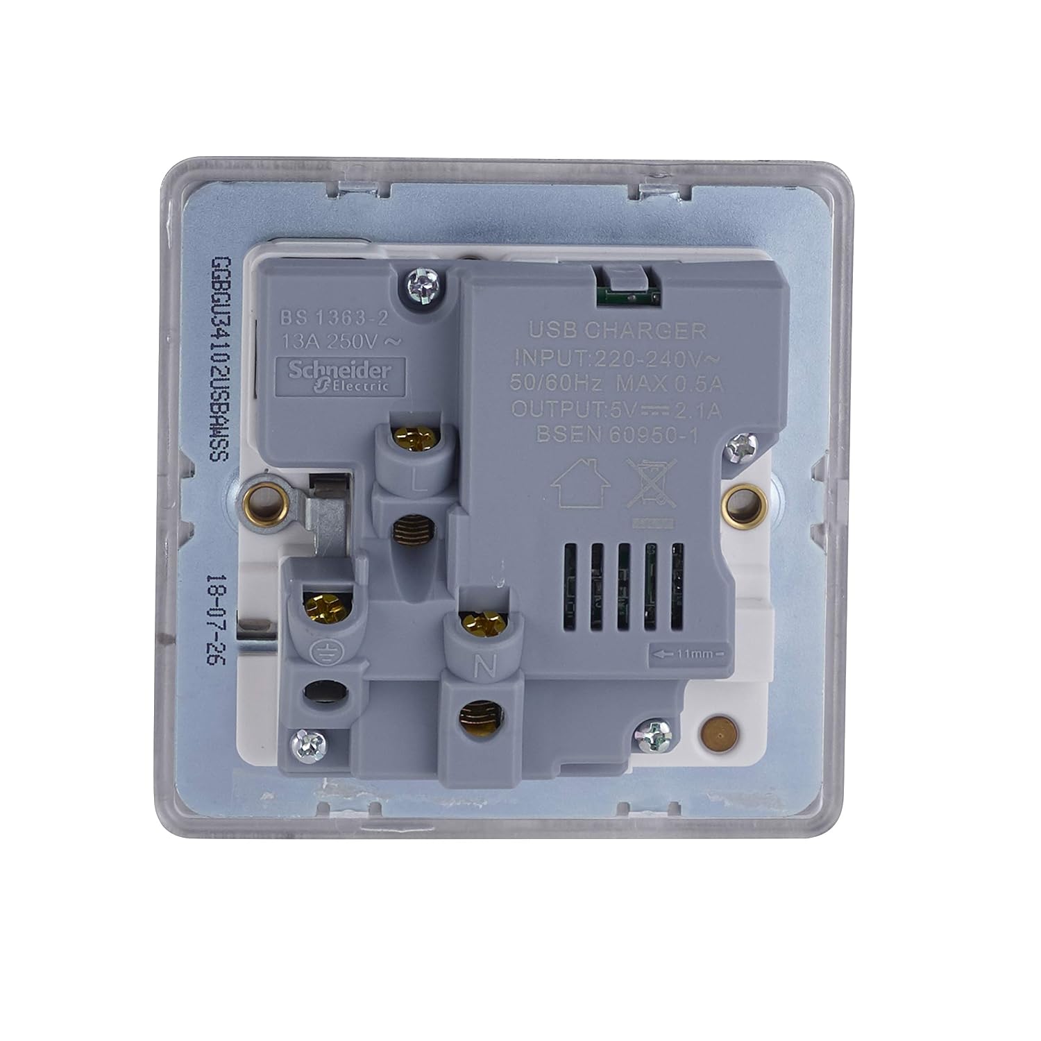 Schneider Electric Ultimate Screwless Flat Plate, Switched Single Power Socket with USB Charging Ports, Double Pole, 13A - Image 5