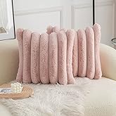 Neelvin Pink Faux Fur Cozy Soft Striped Decorative Throw Pillow Covers 18x18 inch Set of 2,Velvet Pillowcase Cushion Case for Sofa Couch
