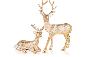 Lotus Hills Retro Reindeer Christmas Decor, 2pcs Gold Distressed Texture Reindeer Figurines Christmas Decorations, Deer Christmas Decor for Tabletop Mantel, Reindeer Ornaments Winter Holiday Décor
