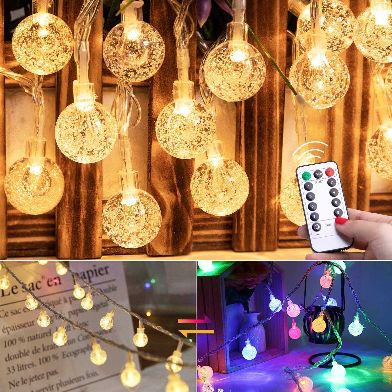 Photo 1 of Minetom Globe String Lights Plug in - 33 ft 100 LED USB Crystal Globe Fairy Lights with Remote and Timer, Waterproof for Bedroom Tent Porch Patio Party Garden Indoor, Warm White and Multicolor